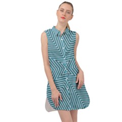 Lines Blue Repeating Textile Sleeveless Shirt Dress