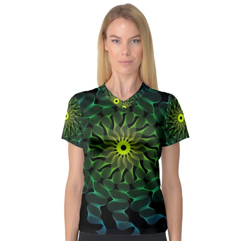 Abstract Ribbon Green Blue Hues V-neck Sport Mesh Tee by Wegoenart