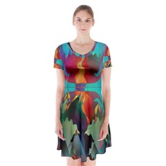 Background Sci Fi Fantasy Colorful Short Sleeve V-neck Flare Dress