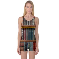 Books Library Bookshelf Bookshop One Piece Boyleg Swimsuit by Wegoenart