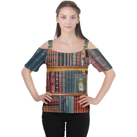 Books Library Bookshelf Bookshop Cutout Shoulder Tee by Wegoenart