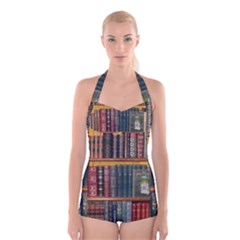 Books Library Bookshelf Bookshop Boyleg Halter Swimsuit  by Wegoenart