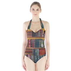 Books Library Bookshelf Bookshop Halter Swimsuit by Wegoenart