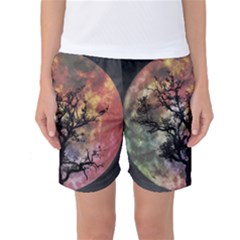 Full Moon Silhouette Tree Night Women s Basketball Shorts by Wegoenart