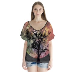 Full Moon Silhouette Tree Night V-neck Flutter Sleeve Top by Wegoenart