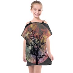 Full Moon Silhouette Tree Night Kids  One Piece Chiffon Dress by Wegoenart