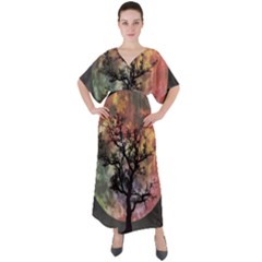 Full Moon Silhouette Tree Night V-neck Boho Style Maxi Dress