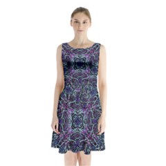 Pattern Fire Purple Repeating Sleeveless Waist Tie Chiffon Dress