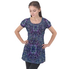 Pattern Fire Purple Repeating Puff Sleeve Tunic Top by Wegoenart