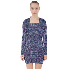 Pattern Fire Purple Repeating V-neck Bodycon Long Sleeve Dress by Wegoenart