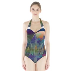 Mountains Abstract Mountain Range Halter Swimsuit by Wegoenart