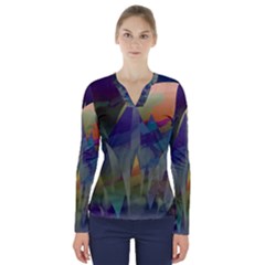 Mountains Abstract Mountain Range V-neck Long Sleeve Top by Wegoenart