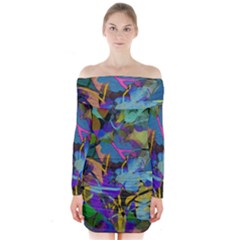 Flowers Abstract Branches Long Sleeve Off Shoulder Dress