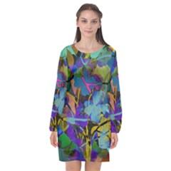 Flowers Abstract Branches Long Sleeve Chiffon Shift Dress 