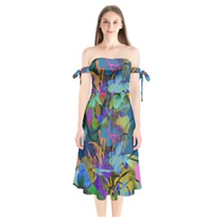 Flowers Abstract Branches Shoulder Tie Bardot Midi Dress