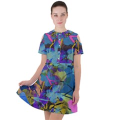 Flowers Abstract Branches Short Sleeve Shoulder Cut Out Dress 