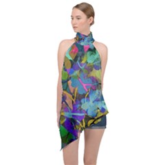 Flowers Abstract Branches Halter Asymmetric Satin Top