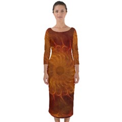 Orange Warm Hues Fractal Chaos Quarter Sleeve Midi Bodycon Dress