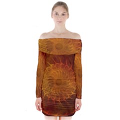 Orange Warm Hues Fractal Chaos Long Sleeve Off Shoulder Dress