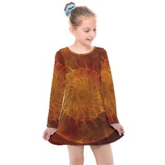 Orange Warm Hues Fractal Chaos Kids  Long Sleeve Dress