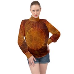 Orange Warm Hues Fractal Chaos High Neck Long Sleeve Chiffon Top by Wegoenart