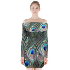 Peacock Feathers Peacock Bird Long Sleeve Off Shoulder Dress