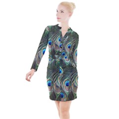 Peacock Feathers Peacock Bird Button Long Sleeve Dress by Wegoenart