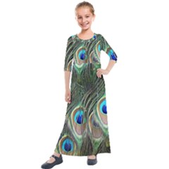 Peacock Feathers Peacock Bird Kids  Quarter Sleeve Maxi Dress