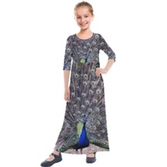 Peacock Bird Feather Plumage Green Kids  Quarter Sleeve Maxi Dress