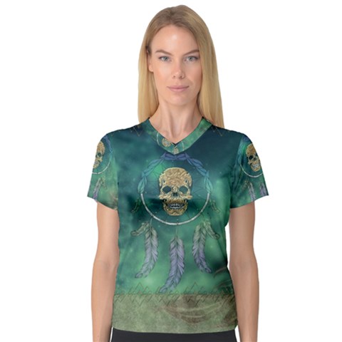 Dreamcatcher With Skull V-neck Sport Mesh Tee by FantasyWorld7