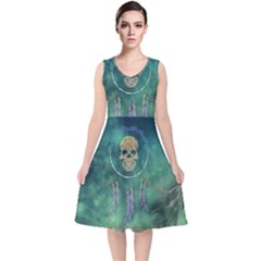 Dreamcatcher With Skull V-neck Midi Sleeveless Dress  by FantasyWorld7