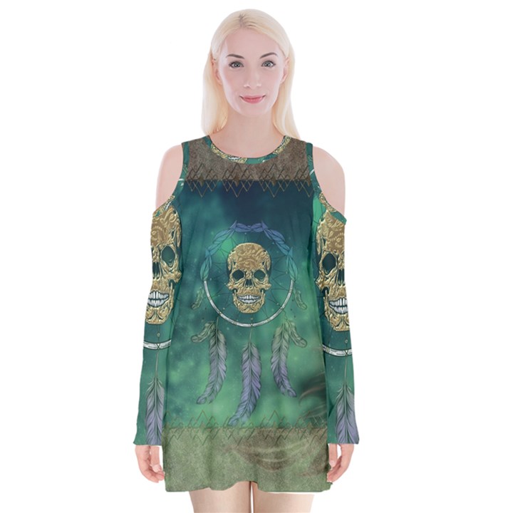 Dreamcatcher With Skull Velvet Long Sleeve Shoulder Cutout Dress