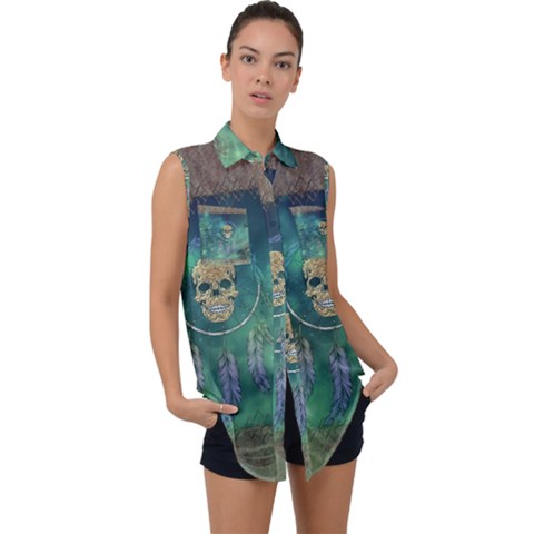 Dreamcatcher With Skull Sleeveless Chiffon Button Shirt by FantasyWorld7