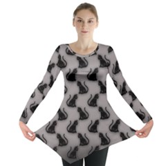 Black Cats On Gray Long Sleeve Tunic  by bloomingvinedesign