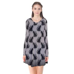 Black Cats On Gray Long Sleeve V-neck Flare Dress by bloomingvinedesign