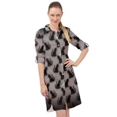 Black Cats On Gray Long Sleeve Mini Shirt Dress