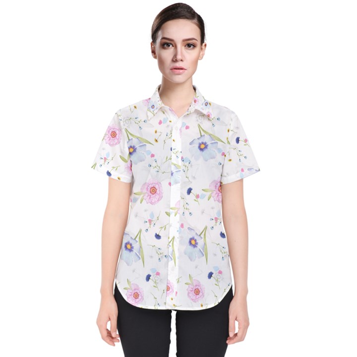 Pink blue flowers pattern                        Women s Short Sleeve Shirt