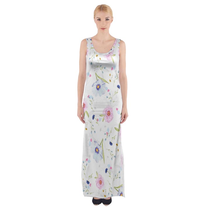 Pink blue flowers pattern                        Maxi Thigh Split Dress