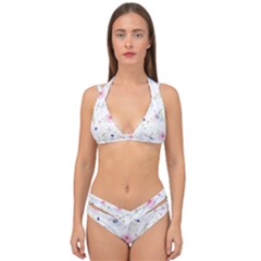 Pink Blue Flowers Pattern                        Double Strap Halter Bikini Set by LalyLauraFLM