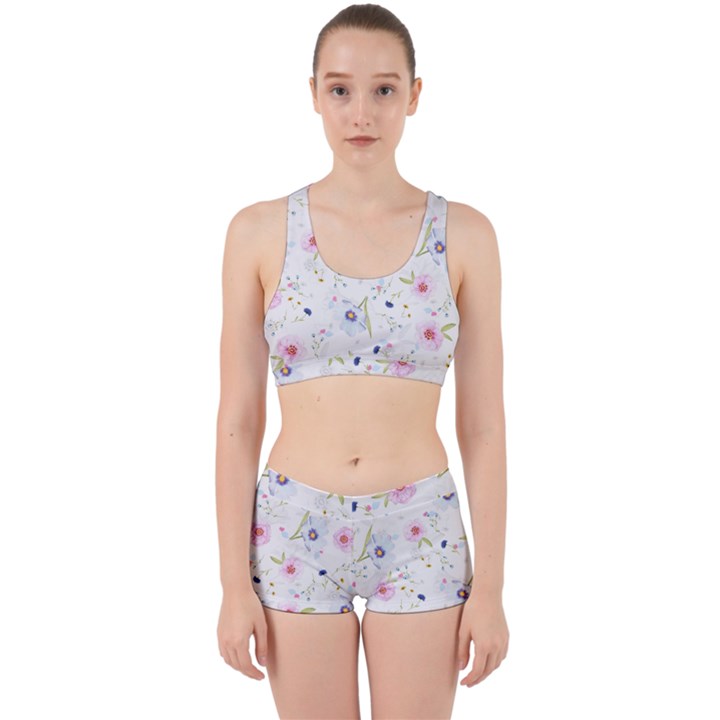 Pink blue flowers pattern                        Work It Out Sports Bra Set