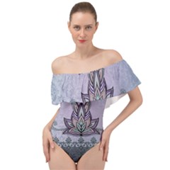 Abstract Decorative Floral Design, Mandala Off Shoulder Velour Bodysuit 