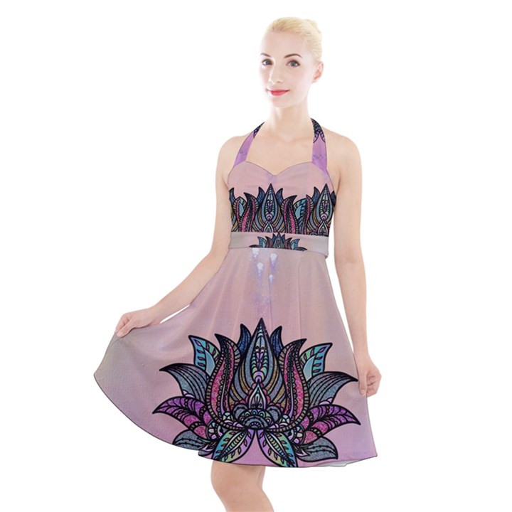 Abstract Decorative Floral Design, Mandala Halter Party Swing Dress 