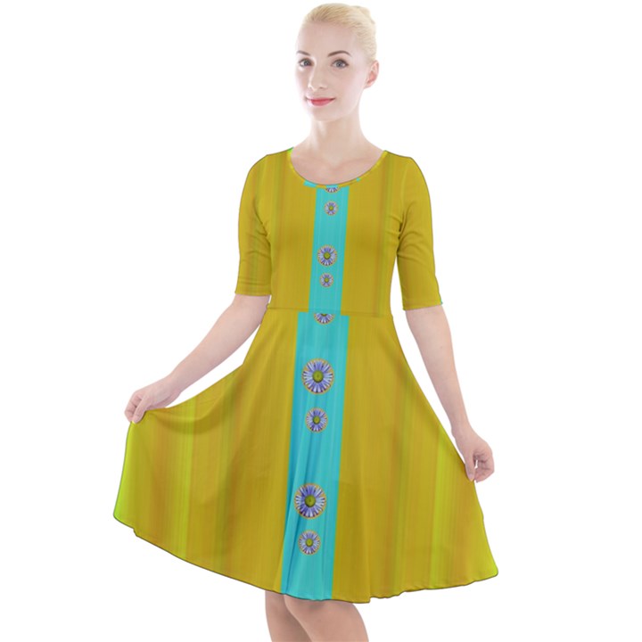 Colors And Flowers Quarter Sleeve A-Line Dress