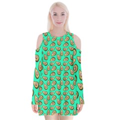 Tropical Aqua Avocadoes Velvet Long Sleeve Shoulder Cutout Dress