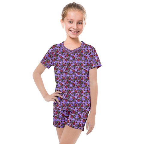 Lazy Cat Floral Pattern Lilac Polka Kids  Mesh Tee And Shorts Set by snowwhitegirl