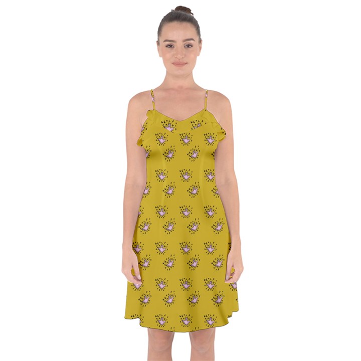 Zodiac Bat Pink Yellow Ruffle Detail Chiffon Dress