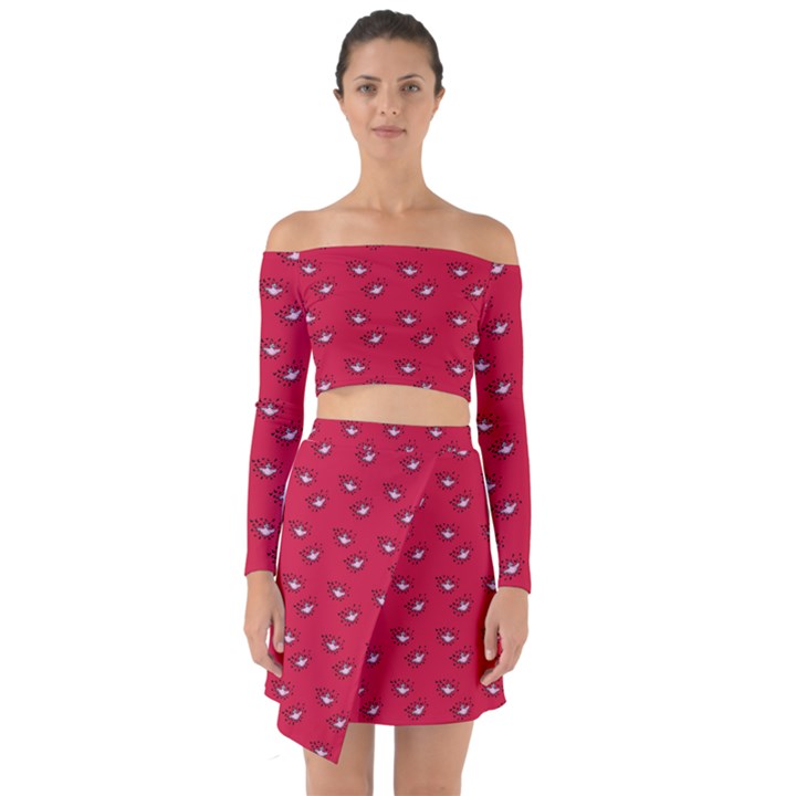 Zodiac Bat Pink Red Off Shoulder Top with Skirt Set