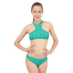 Zodiac Bat Pink Teal High Neck Bikini Set by snowwhitegirl