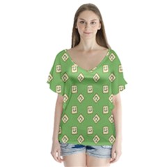 Happy Toast Green V-Neck Flutter Sleeve Top