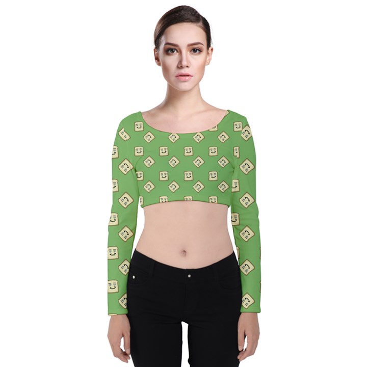 Happy Toast Green Velvet Long Sleeve Crop Top